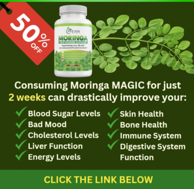 A visually appealing promotional banner featuring a selection of moringa products artfully arranged with discount tags. Bright, bold text highlights the special offers amidst a soft-focus background of a lush moringa farm. The composition is vibrant and eye-catching, aiming to attract potential customers. This high-quality image creates a sense of urgency in a photorealistic style.
