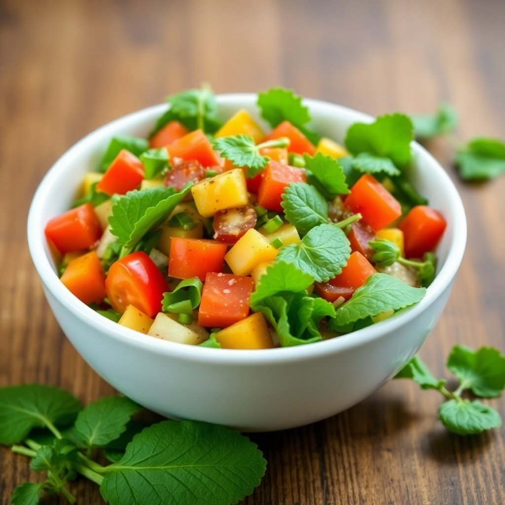 A bright salad bowl overflowing with colorful vegetables and fresh moringa leaves. The image captures the freshness and crunchiness, set against a wooden table backdrop. Subtle lighting accentuates the natural colors and textures, making it a photorealistic feast for the eyes. This presentation highlights the nutritious aspect of moringa in salad recipes.