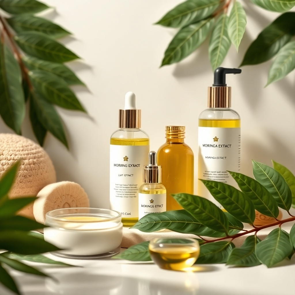 A serene spa-like scene displaying moringa leaf extracts and oils used in skincare. The composition features soothing colors and soft lighting, creating a calming environment. Textured details of the leaves and skincare products evoke a feeling of luxury. This high-quality image promotes moringa's benefits for healthy skin in a photorealistic style.