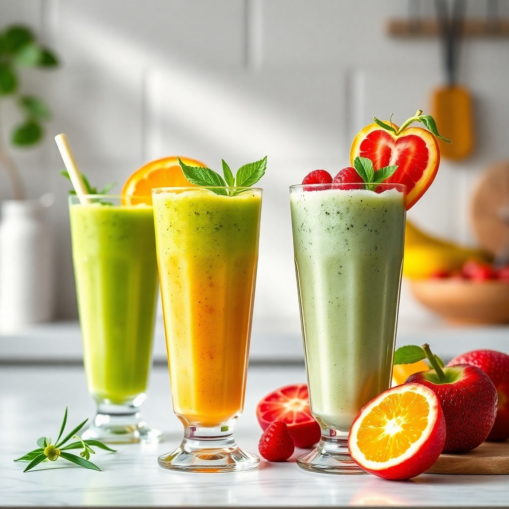 A vibrant kitchen scene showcasing colorful moringa smoothies in tall glasses, garnished with fresh fruits and herbs. Light pours in, illuminating the fresh ingredients, highlighting the cooling effect of the smoothies. The composition is relaxing yet energizing, designed in a photorealistic manner that evokes thirst and vitality.