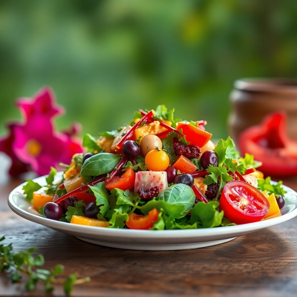 A visually appealing plate of moringa-infused salad set against a calming, natural backdrop. The focus is on vibrant colors and textures, creating an inviting atmosphere. The use of soft lighting enhances the freshness of the salad, resulting in a photorealistic portrayal of healthy eating and weight management.
