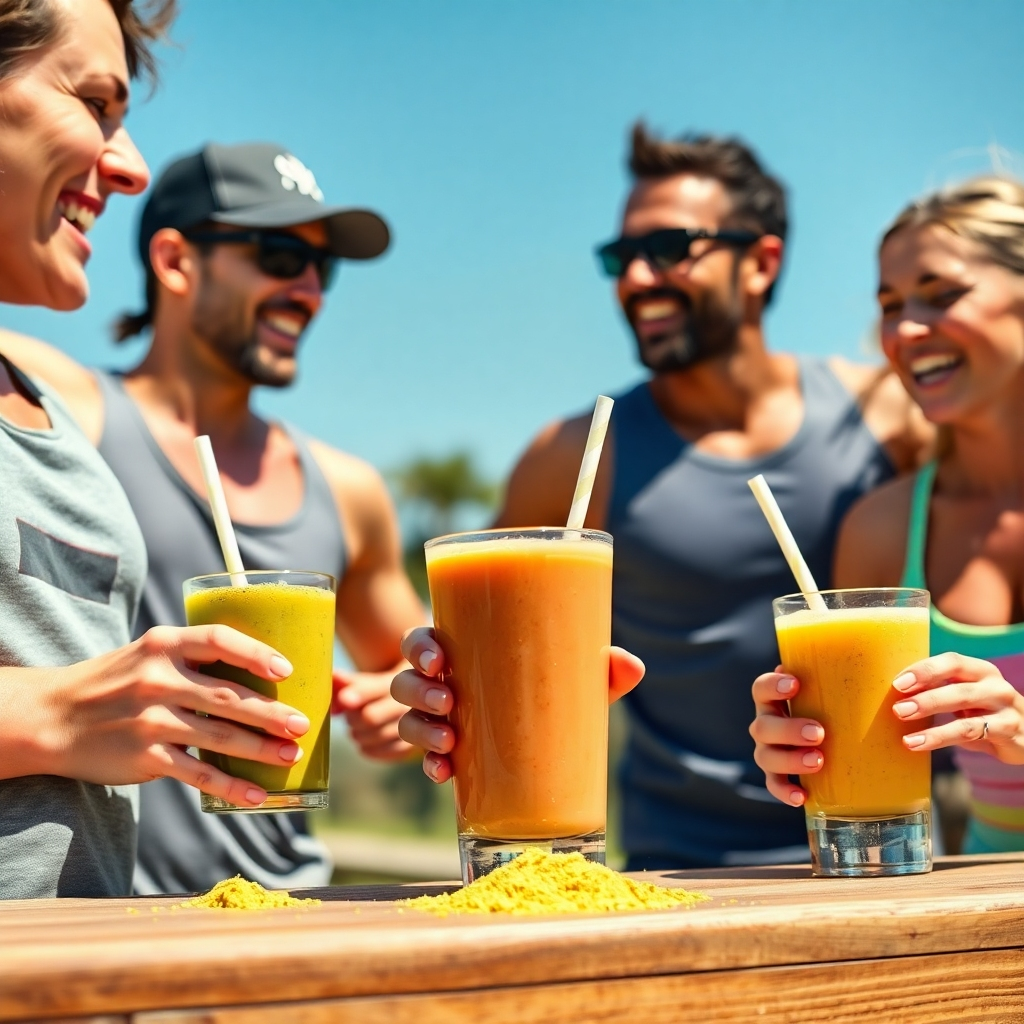 An energetic scene featuring athletes enjoying smoothies made with moringa powder. The setting is sunny outdoors, capturing motion and vitality. The bright colors and dynamic angles bring life to the image, emphasizing moringa's role in energizing lifestyles. This high-quality, photorealistic image inspires motivation and health.