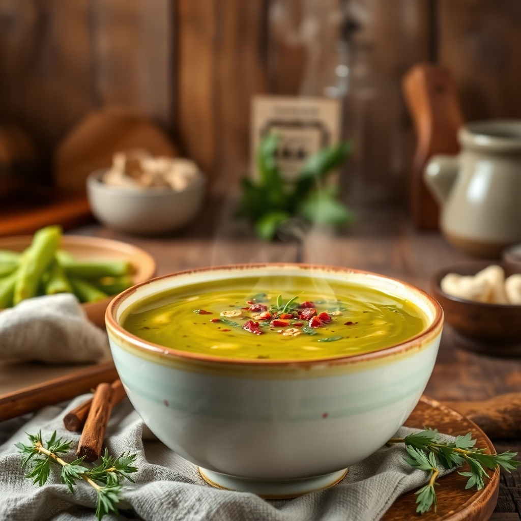 An inviting image capturing a bowl of steaming moringa soup, garnished with spices and herbs. The background showcases a rustic kitchen with wooden textures, creating a cozy atmosphere. Warm, soothing colors enhance the comfort feeling of the soup. This photorealistic portrayal is designed to inspire comfort food enthusiasts.
