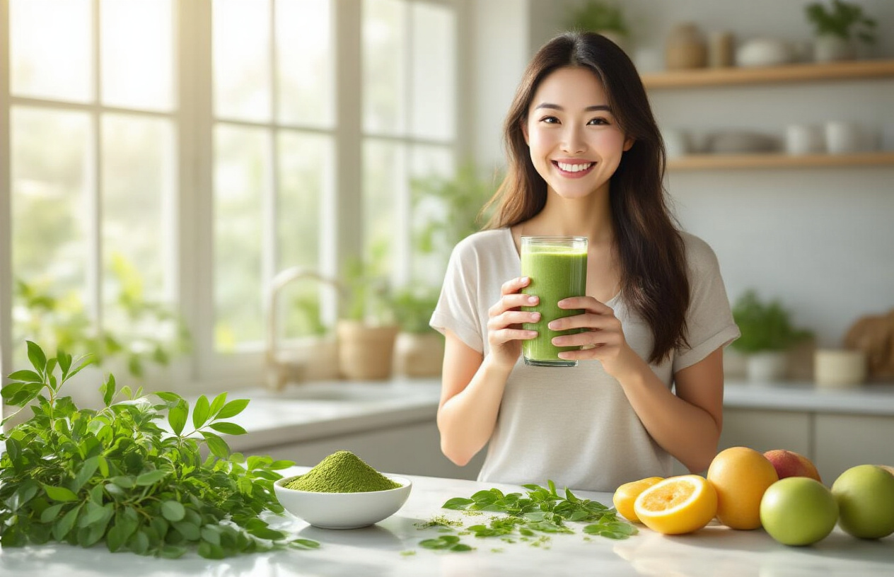 Create a realistic image of a healthy Asian female in her 30s standing in a bright, modern kitchen, holding a glass of green moringa smoothie with a satisfied smile, surrounded by fresh moringa leaves, moringa powder in a bowl, and healthy fruits on a clean white marble countertop, with natural sunlight streaming through large windows creating a warm, optimistic atmosphere that conveys successful weight management and healthy lifestyle achievement, absolutely NO text should be in the scene.