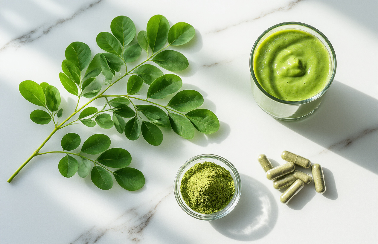 Create a realistic image of fresh green moringa leaves arranged elegantly on a clean white marble surface alongside moringa powder in a small glass bowl, moringa capsules scattered nearby, and a glass of vibrant green moringa smoothie, with soft natural lighting from above creating gentle shadows, conveying a sense of health, vitality, and wellness in a minimalist modern kitchen setting, absolutely NO text should be in the scene.