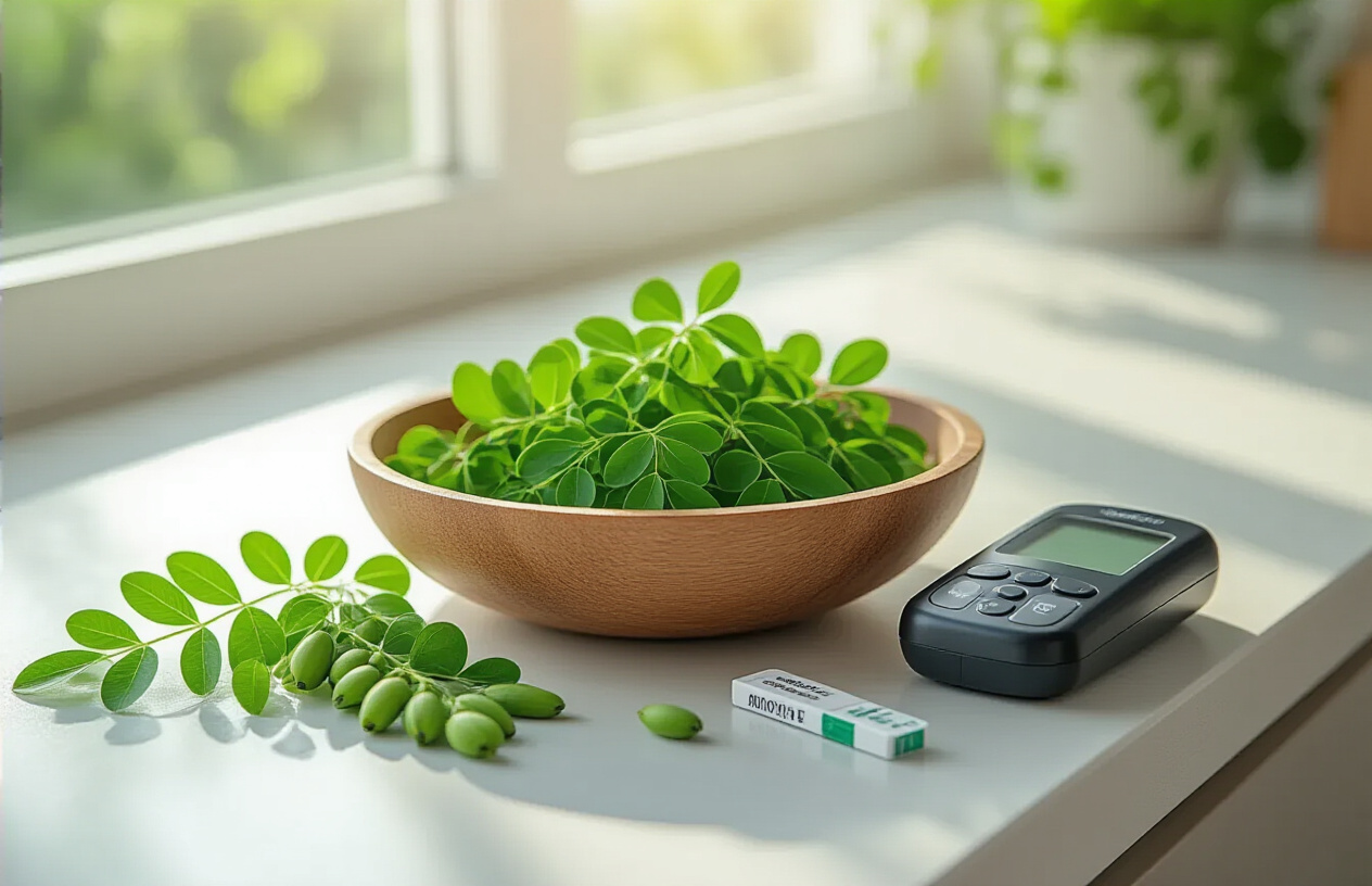 Create a realistic image of moringa leaves in a wooden bowl placed on a clean white kitchen counter next to a modern blood glucose meter and test strips, with fresh moringa pods scattered around the bowl, soft natural lighting streaming through a nearby window creating gentle shadows, conveying a sense of health and wellness, with a blurred background showing part of a modern kitchen, absolutely NO text should be in the scene.