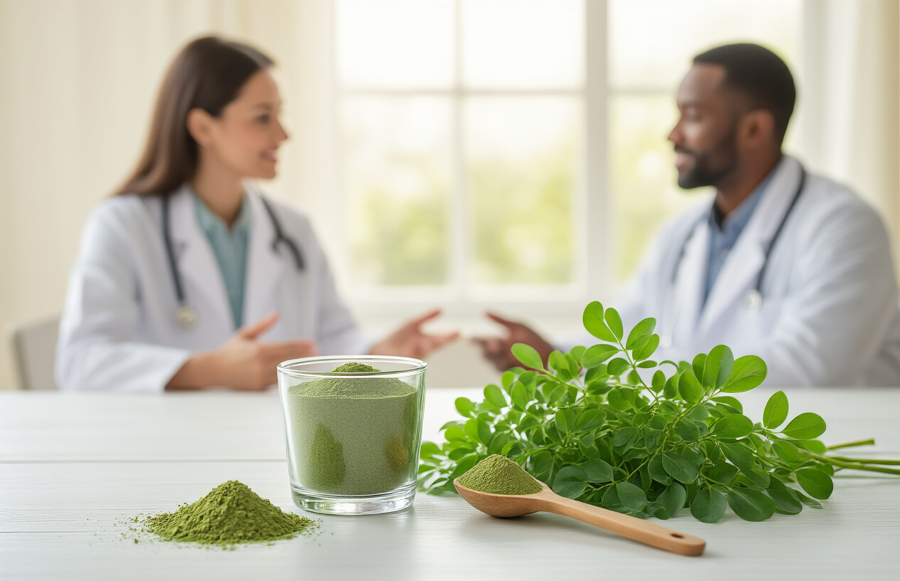 Create a realistic image of fresh green moringa leaves arranged on a clean white wooden surface alongside a small glass of moringa powder, a wooden measuring spoon, and a subtle medical consultation scene in the soft-focused background showing a white female healthcare professional in a white coat discussing with a middle-aged black male patient, warm natural lighting from a window creates a safe and informative atmosphere about balanced health choices, shot from a slightly elevated angle to showcase the moringa elements in the foreground while keeping the consultation scene appropriately blurred, conveying responsible superfood usage and professional guidance. Absolutely NO text should be in the scene.
