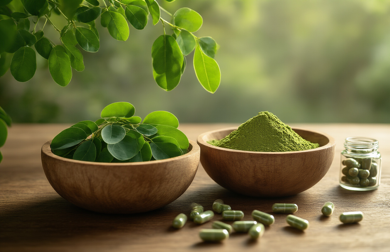 Create a realistic image of fresh green moringa leaves and moringa powder in wooden bowls arranged on a natural wooden table surface, with moringa seed pods scattered nearby, soft natural lighting streaming from the side creating gentle shadows, warm earthy tones throughout the scene, a few moringa capsules visible in a small glass container, the background showing a slightly blurred moringa tree with its characteristic compound leaves, conveying a sense of natural wellness and traditional meets modern health approach, absolutely NO text should be in the scene.